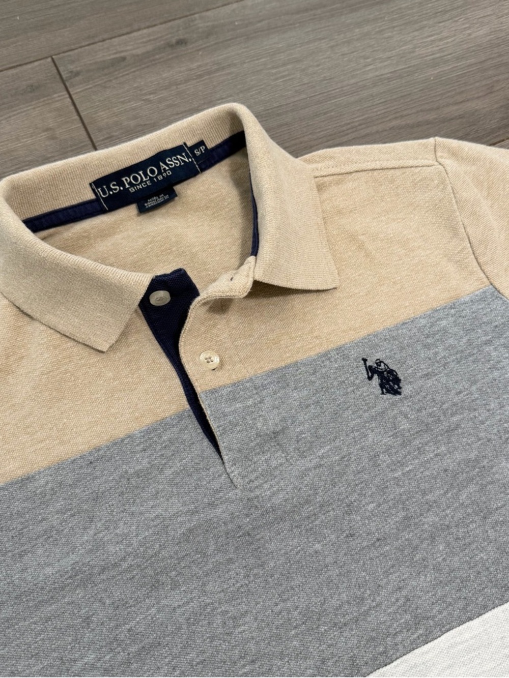 U.S. Polo Assn. Boys' Beige/Gray/White/Blue Striped Polo - Picture 2 of 7